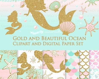 20% off Gold and Beautiful Ocean / Mermaid Clip Art + Digital Paper Set - Instant Download
