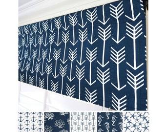 Navy Blue Valance.Blue Arrow Valance Curtain.Dark Blue Window Valance.Kitchen Valance.Blue Coral Window Treatment Valance.52x15
