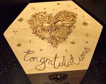 Pyrography "Congratulations" wedding rose box, wedding gift, shabby chic, wood burning art, raw wood, natural, trinket box, wood art........