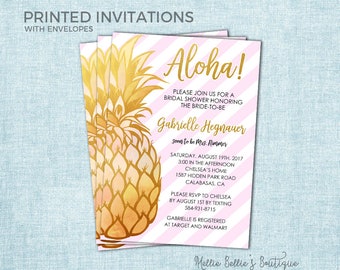 Printed Pineapple Bridal Shower Invitations, Tropical, Gold Pink Blush, Luau, Hawaiian, Glitter, Simple, Girly, Cute, Brunch Bubbly, MB022