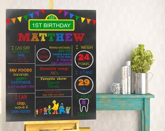Custom Sesame Street Birthday Stat Chalkboard - Elmo - Big Bird - Cookie Monster