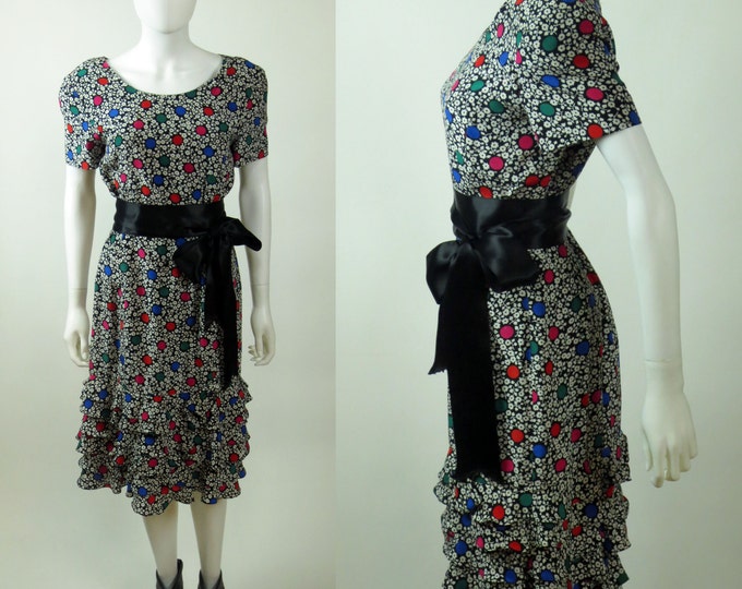 80s Albert Nipon tiered ruffled hem polka dot floral printed silk dress