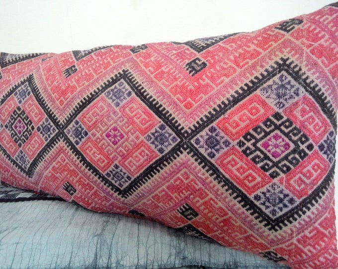 12"x28" Vintage Chinese Wedding Blanket Long Lumbar Pillow Cover/ Boho Ethnic Dowry Textile/ Handwoven Cotton Silk Cushion