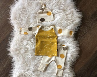 Gender neutral organic baby clothes newborn take home outfit, mustard yellow, browns, cream polka dots, hospital outfit, coming home outfit