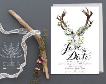 Bohemian Save the date card, boho rustic wedding, boho floral wedding, Save the date card, rustic save the date, PRINTED!