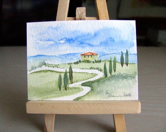 Tuscany landscape nature ACEO art card original etching illustration graphic print collecting art wedding birthday gift