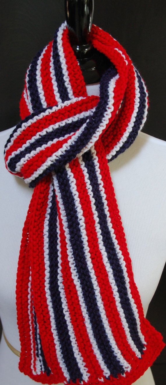 hand knitted patriotic scarf in red white and blue