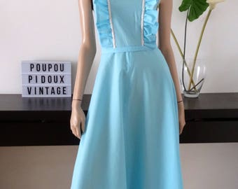 Robe bleue vintage longue volants, lurex et ceinture taille 34 - uk 6 - us 2