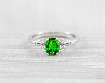 Chrome Diopside and diamond oval engagement solitaire nature inspired leaf floral ring in gold handmade for her UK