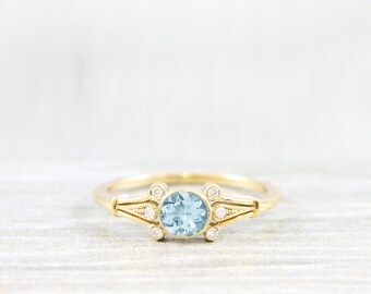 Aquamarine and diamond handmade engagement ring round art deco 1920's inspired ring in gold for her unique