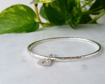 Sterling silver Bracelet Bangle Bangle with hand stamped initial tag
