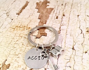 Harry Potter keychain, Accio keychain, Book Charm Bracelet, Key charm, Harry Potter fan, HP Fandom, Hand stamped ACCIO, key summoner