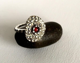 Sterling Silver Garnet ring,hand crafted,925,rustic,organic,abstract,statement,modern,contemporary,relic,artisan,folk,art,ethnic,tribal,boho
