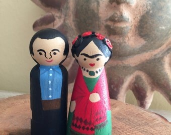 Frida and Diego peg dolls - Mexican Chic - cake topper - Hand Painted ( Large 3.5" )