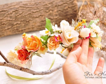 fall flower crown floral head piece wedding flower crown bridal hair piece yellow head wreath girl rustic wedding cream fall floral crown