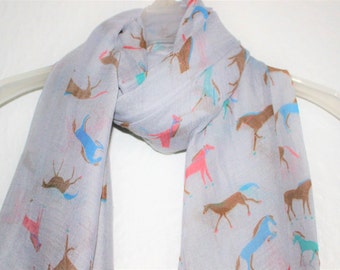 Horse Scarf, Grey Horse Scarf, Gift For Her, Womens Gift, For Her, Spring Summer Scarf, Autumn Scarf, Horses, Animal Scarf