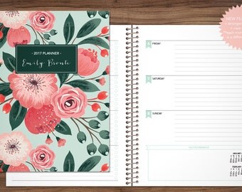 2017 planner custom 2017 2018 planner student planner HORIZONTAL LAYOUT weekly calendar agenda daytimer / teal pink bouquet