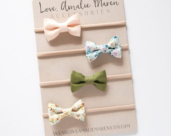 Baby Girl Headband Set - Tuxedo Bow Fabric Baby Headbands - Spring Floral Headbands - Nylon Elastic or Alligator Clips - Infant Bows