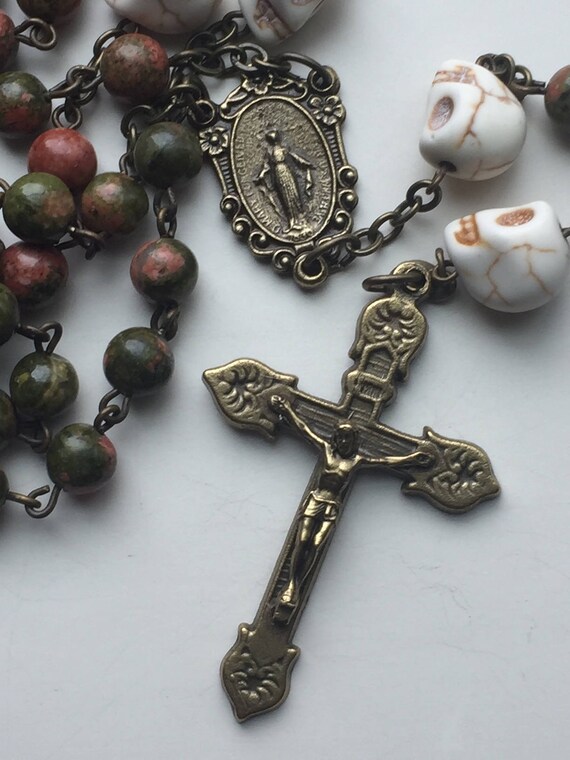 Handmade Memento Mori Rosary Unakite Antique Gold Tone