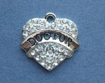 Doctor Rhinestone Heart Charm - Doctor Rhinestone Heart Pendant - Heart Charm - Heart Pendant - Rhodium - 20mm x 19mm -- (No.138-12163)