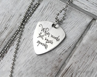 Engraved guitar pick necklace, custom initials, stainless steel gift for him, personalized guitar picks when words fail music speaks