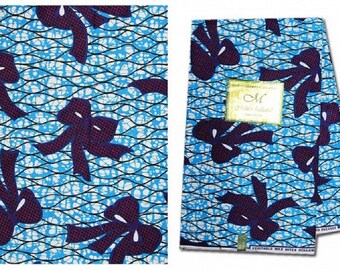African Fabric Ankara ~ Purple & Blue Bows on Turquoise, New Arrival, UK Import~6 Yards Ea.