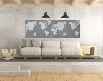WORLD MAP Canvas Print Vintage Neutral Dark Anthracite Gray World Map Panoramic Extra Large Long Wall Art Vintage Oversized wall art poster