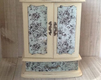 Large Creamy White Jewelry Box, Up Cycled/Refurbished Jewelry Box, French Chic Jewelry Box, Blue Rose Decoupaged Jewelry Box