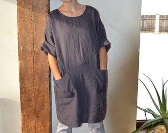 Pure Linen tunic - Brownish eggplant Linen dress with two pockets - High-quality linen kimono - Comfortable casual tunic - Loose tunic