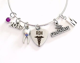 RDH Graduation Gift for Dental Hygienist Jewelry Charm Bracelet Bangle 2016 2017 2018 Registered Oral Tooth School Student Silver Graduate