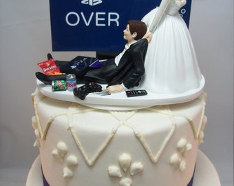 GAME OVER PlayStation Funny Wedding Cake Topper Video Game Groom's (Can Personalize Your Names) Gamer Gaming Junkie Brown Hair Awesome SALE