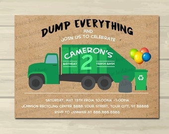 Garbage Truck Birthday Invitation,Trash Truck Birthday Invitation ,5x7, Printed or Digital File