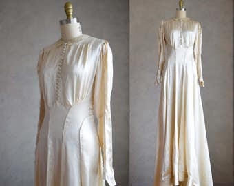 vintage 1930s wedding dress | vintage 30s silk charmeuse gown | long sleeve silk satin vintage wedding dress | art deco gown