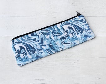 Blue Paint Swirl Marble Pencil Case - Handmade Stationery - Zipper Pouch - Marble Purse