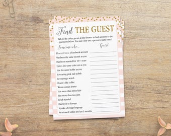Find the Guest Game, Bridal Shower Quiz, Baby Shower, Bachelorette Party Fun, Sprinkle, Wedding, Printable Pink Gold, PG GP Instant Download