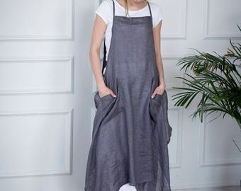 Grey linen apron dress, linen dress for women, linen apron style dress