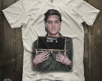 Elvis Presley Mug Shot Unisex White T Shirt Graphic Tee Elvis Presley Men Shirt Rock n Roll The King Girl Shirt Size S M L XL 2XL