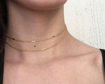 Layered Gold Chain Choker | Gold Choker, Double Chain Choker,Gold Choker Chain, Bar Cable Chain, Thin Choker, Delicate Choker, Dainty Choker