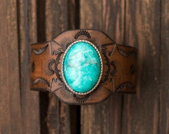 Boho Leather Turquoise Bangle, Southwest Leather Bracelet, Leather Bracelet, Native American Leather Bracelet, Turquoise Leather Bangle