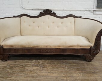 Victorian Mahogany Antique Couch / Sofa - Stunning Carved Wood Loveseat in White - Ready for Custom Upholstery