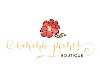 Watercolor Flower Logo, Photography Logo Watermark, Red Floral Logo Gold Script Logo Boutique Logo Custom Logo Design Business Logo Branding