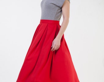 Midi red skirt womens Red pleated skirt Red flared skirt Red office skirt Autumn winter skirt Jersey skirt Classic midi skirt Short skirt
