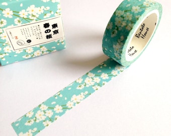 Blue Cherry Blossom Washi Tape, planner supplies, japanese masking tape, floral washi tape, white cherry blossom tape, scrapbooking gifts