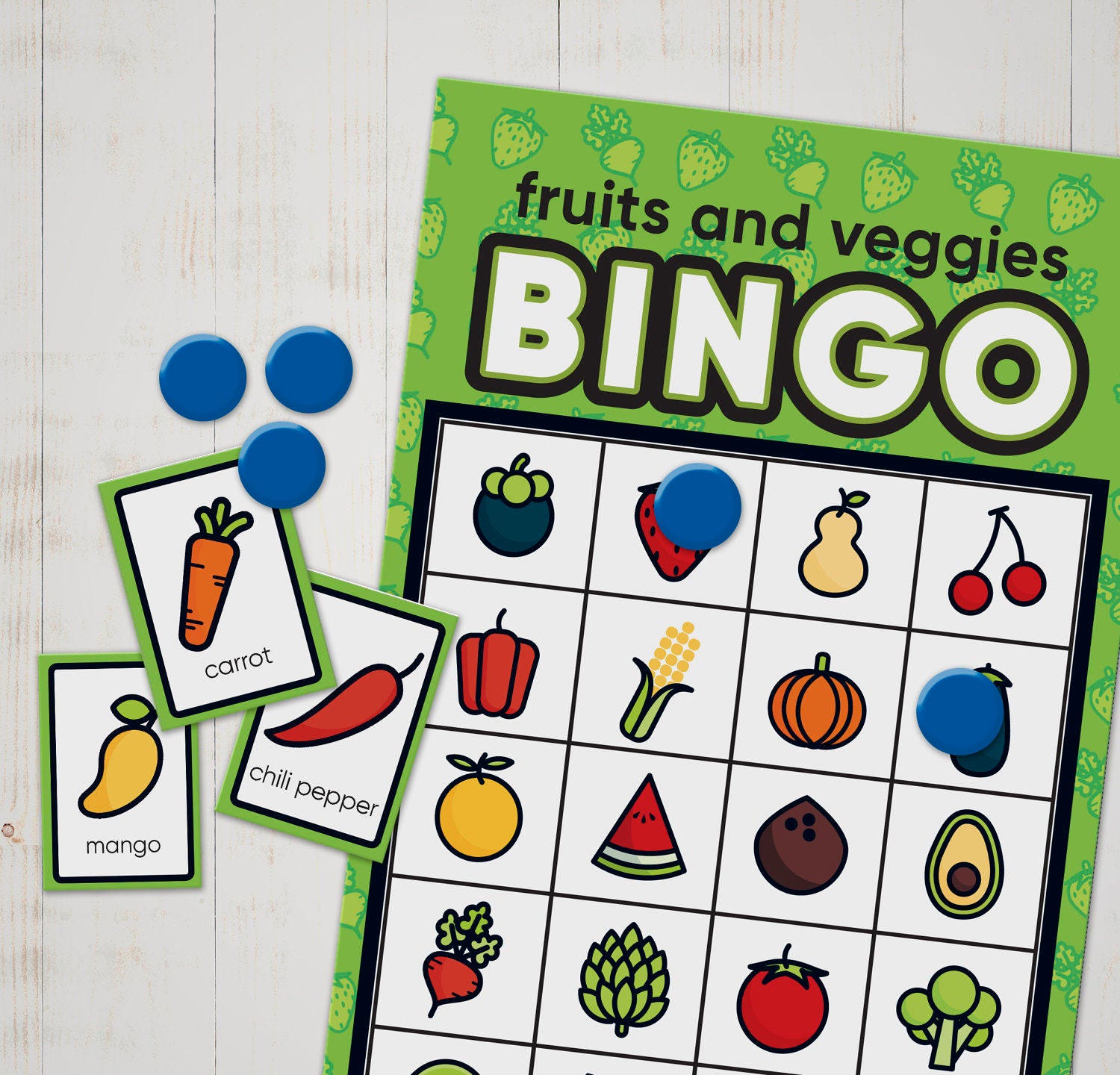 BINGO game of fruit and veggie names for kids Print cut and