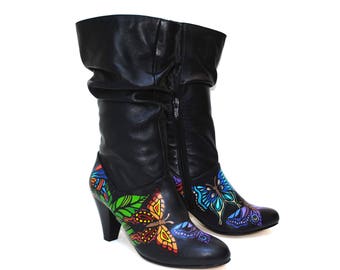 Hothouse Butterfly Hand Painted Upcycled Women's Mid Calf Tall Leather Boots
