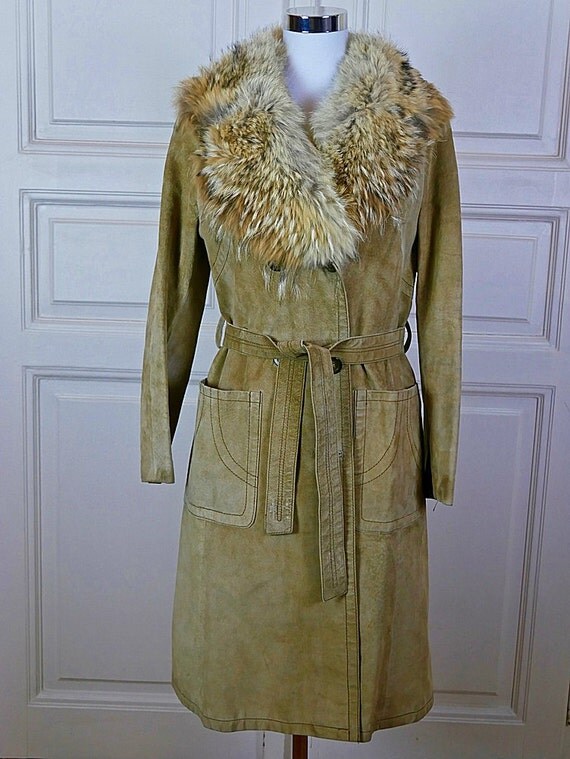 Finnish Vintage Tan Suede Coat w Fox Fur Collar European