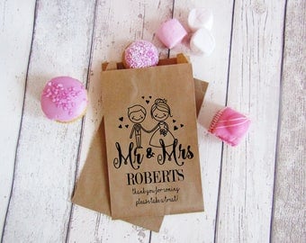 Mr and Mrs personalised wedding sweet bags, custom sweetie bags, wedding favour bags, kraft brown wedding favour bags, custom treat bags