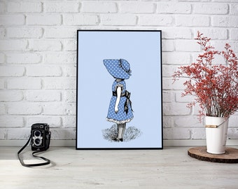 Little Girl Wearing a Bonnet, Kids Room Art, Vintage Illustration, Nursery Art, Printable, Blue and White Nursery, Handmade Item