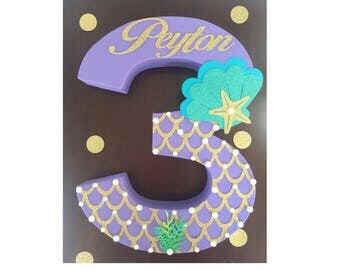 Paper Mache Number Three, Paper Mache Number, Mermaid Birthday Decorations, Third Birthday Decor, Mermaid party, Mermaid Table Decor