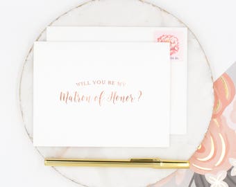 Rose Gold Foil Matron of Honor Card, Will You Be My Matron of Honor Card, Wedding Party Card, Bridal Party Card, Gold Matron of Honor Card